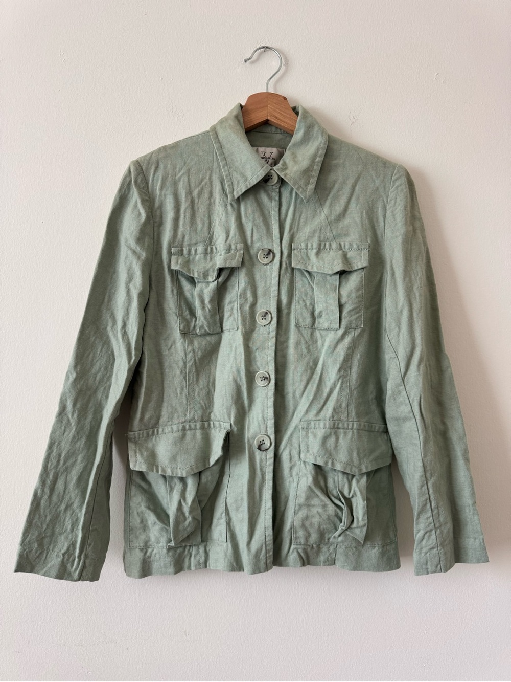 Versailles Sage Green Linen Utility Jacket Size 8 Lightweight Military Style